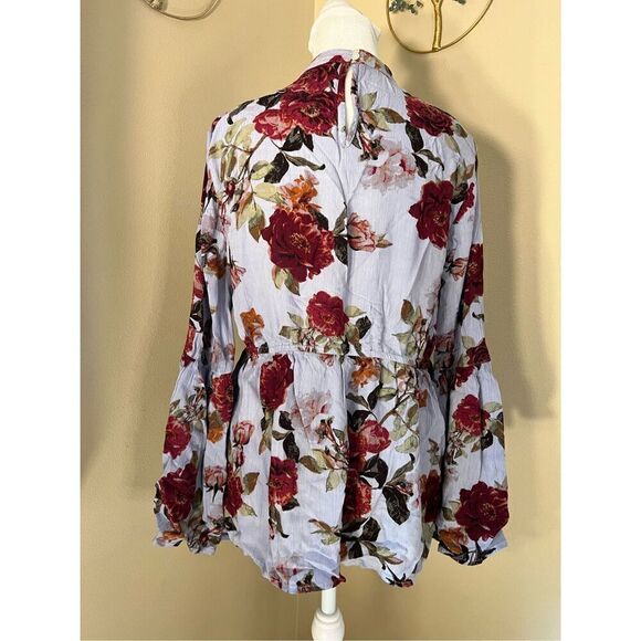ANA Blue Red Floral Bell Sleeve Peasant Blouse w Choker V Neckline Medium - Picture 2 of 7